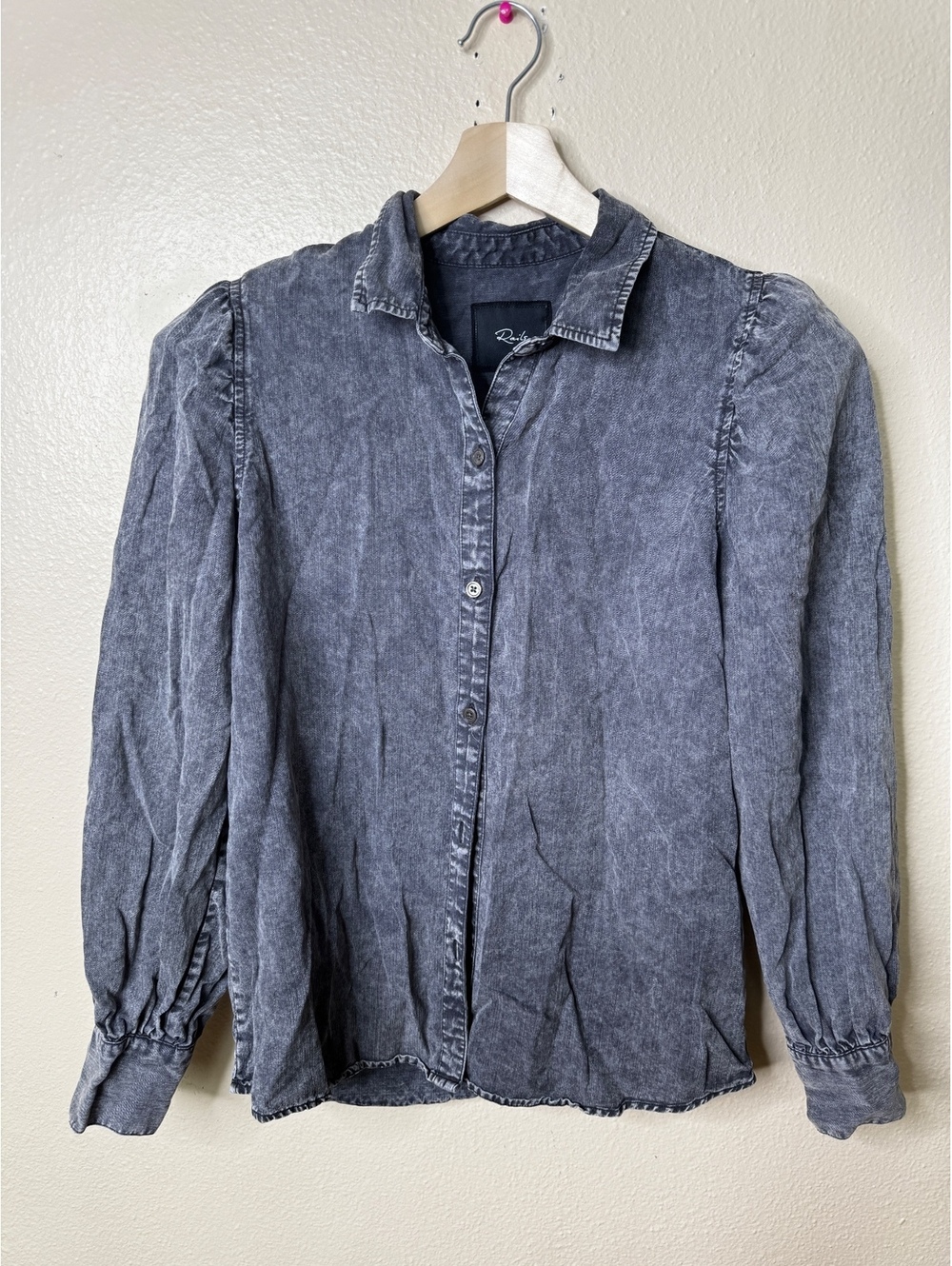 Rails Womens M Button Up Blouse Gray Lyocell Acid Wash Puff Sleeve Shirt